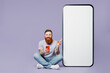 © ViDi Studio - Full body young redhead man wears violet t-shirt casual clothes sit point on big huge blank screen mobile cell phone with copy space mockup area using smartphone isolated on plain purple background.