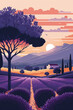 Generative AI. Rural landscape with lavender field and farm in Provence, France. Handmade drawing vector illustration. Vintage style poster.