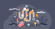 Gamification as marketing strategy for customer loyalty program tiny person concept. Gamified user experience with bonus motivation, prizes and rewards for gift points and score vector illustration.