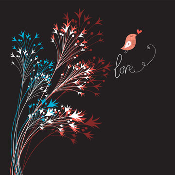 graphical greeting card with a bright loving bird on a black background