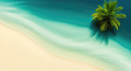 Wall Mural - overhead view of tropical beach with one palm tree sand and water with. copy space summer background