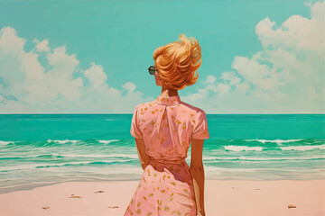 Beautiful woman stands on the seashore in retro style. Back view. Generated AI