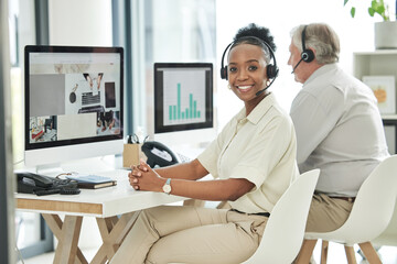 Canvas Print - Call center, customer support and portrait of black woman for online help, advice and telemarketing. Communication, office and happy female worker with headset for contact, crm service and consulting