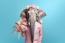 Cute Elephant In Pink Jacket With Bouquet Of Flowers On Blue Background. Creative Concept. Generative AI
