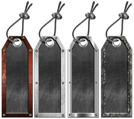 Aufkleber - Collection of labels with metal frame, blank blackboard with copy space and steel cable for hanging. Isolated on white or transparent background. 3D illustration and photography. Png.