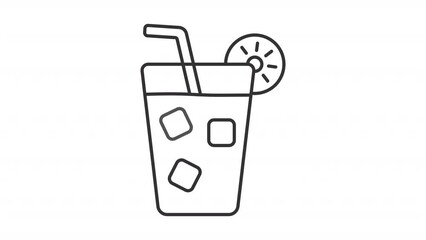 Sticker - Animated lemonade glass line icon. Ice cubes falling animation. Summer refreshment. Cold drink. Thirst quench. Loop HD video with alpha channel, transparent background. Outline motion graphic