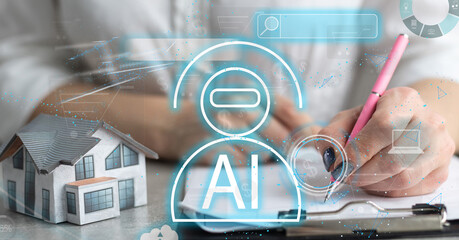 Poster - ChatGPT Chat with AI. Woman chatting with AI Chatbot via laptop computer. Artificial intelligence, virtual conversation assistant, automatic answering machine technology.