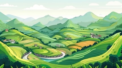 Wall Mural - Background green rise terrace. An illustration showing a stunning green rice terrace as a natural backdrop. Generative AI.
