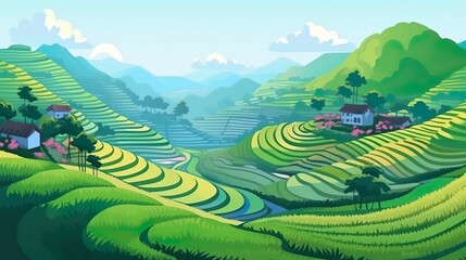 Wall Mural - background green rise terrace. a web banner style image showing the picturesque charm of a green ric