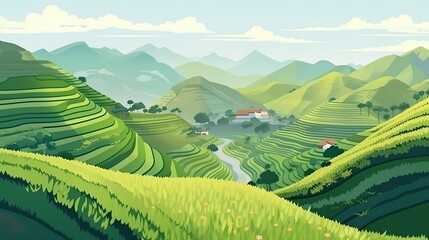 Wall Mural - Background green rise terrace. The illustration is designed in a banner style and includes a breathtaking green rice terrace as a background. Generative AI.