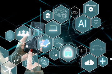 Aufkleber - Artificial intelligence service business web computing IoT integration concept. AI gear icon on display smartphone. Smart house big data unmanned management process, development engineering technology