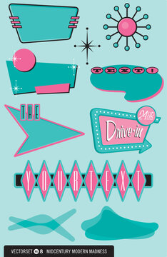 A wide selection of retro, 1950’s-style vector elements for logos, labels, menus, and more! Drop in your text and go, daddi-o