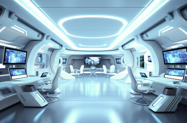 Poster - smooth clean white and blue futuristic interior, science fiction lab or space ship. created with gen