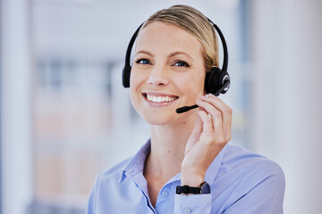 Young woman, portrait and call cente with, microphone, communication or smile in technical support job. Girl, telemarketing and happy for sales consulting, customer service or help desk at crm agency