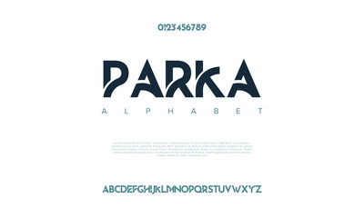 Wall Mural - Parka abstract digital technology logo font alphabet. Minimal modern urban fonts for logo, brand etc. Typography typeface uppercase lowercase and number. vector illustration