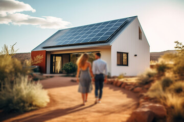 Sustainable lifestyle pair, by solar panel house, enjoying Generative Ai.