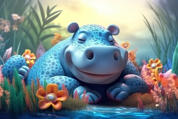 Wall Mural - a cute adorable baby hippo character stands in nature in the style of children-friendly cartoon animation fantasy  3D style Illustration created by AI