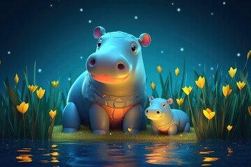 Wall Mural - cute adorable baby hippo with mother hippo in nature by night with yellow light rendered in the style of fantasy cartoon animation style intended for children 3D style Illustration created by AI