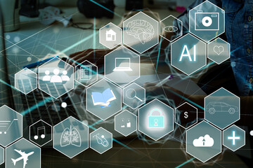 Aufkleber - Manager Technical Industrial Engineer working and control robotics with monitoring system software and icon industry network connection on tablet. AI, Artificial Intelligence.