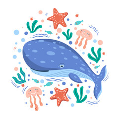 Wall Mural - Blue whale swims among jellyfish, starfish, and algae. Mammal for the encyclopedia of the inhabitants of the seas and oceans, design of postcards and textiles. Isolated vector illustration.