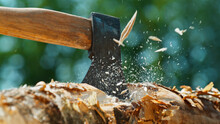 Man Chopping Wooden Logs With Axe In Forest
