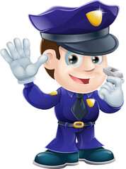 Poster - A cute police man character holding a whistle and waving or doing a stop gesture