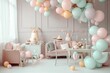 Kids birthday pastel color decorations - gifts, toys, balloons, garland and figure for little baby party. Generative AI