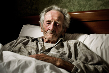 Sad old man in bed in a nursing home