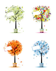 Canvas Print - Four seasons - spring, summer, autumn, winter. Art trees in pots for your design