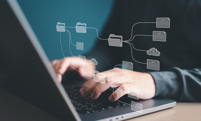 Wall Mural - Document Management System (DMS) with arrange folder and files icons. Man setup storage backup online application on computer laptop. Software for archiving, searching, managing files and information.