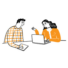 Young Man Talking Or Discuss To A Young Woman With Laptop.