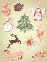 Sticker - set of retro vector Christmas elements