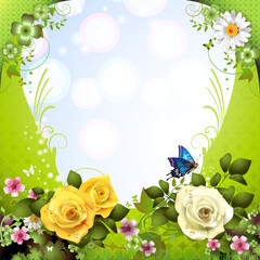 Sticker - Springtime background with flowers and butterflies