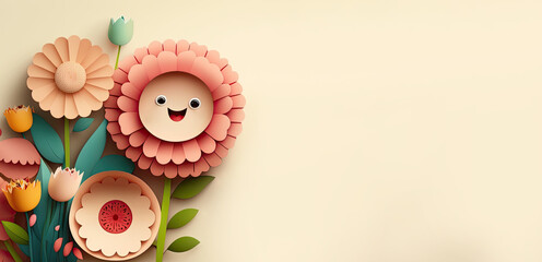 Wall Mural - cute smile flower bouquet on pastel white background with copy space for text. 3D illustration concept for fathers day and holiday greetings card. Wide angle format banner