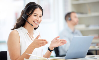 Poster - Business woman, video call and laptop with seminar, training workshop and virtual communication at office. Female professional, online chat and conversation with help desk, tech support and webinar