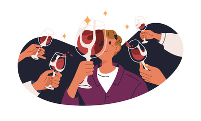 Alcohol addicted man at holiday party, booze. Person drinker, drunkard looking at wine drink in wineglasses with passion. Addiction concept. Flat vector illustration isolated on white background