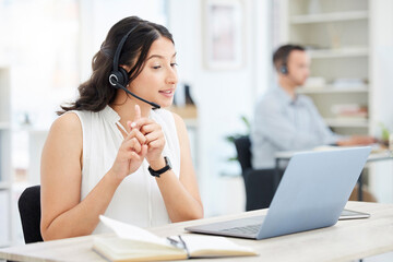 Poster - Business woman, video call and laptop with webinar, training workshop and virtual communication at office. Female professional, online chat and conversation with help desk, tech support and seminar