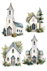 church chapel watercolor clipart cute isolated on white background