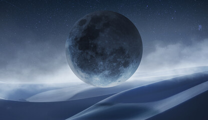 Silence. Futuristic artwork. Giant moon over dark sky in desert. Dawn, foggy landscape. Creative design for wallpaper. background, poster. Dark artwork. Creativity, beauty of nature and space