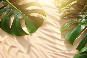 Wall Mural - Summer background with green palm, monstera leaves on sand background. Beach texture. Copy space. Top view. Generative AI