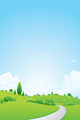Wall Mural - Green Landscape with  Flowers Trees Clouds and road