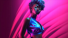 African American Model  In Pink And Blue Light, Futuristic Fashion Ai Illustration 
