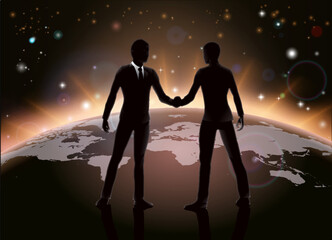 Fototapete - Global business or networking concept, business men shaking hands in agreement on world map