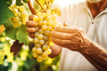 Man pick ripe grapes from plants in vineyard. Generative AI.