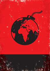 Red and black poster with bomb and the globe