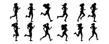 Set Of Woman Running Silhouette Isolated On White Background. Sport Run Athlete Girl. Female Marathon Jogging Vector Illustration