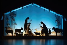 Christian Christmas Nativity Scene Of Baby Jesus In The Manger With Mary And Joseph In Silhouette Surrounded By Animals. Generative AI