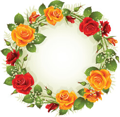 Sticker - Vector red and yellow rose frame in the shape of circle