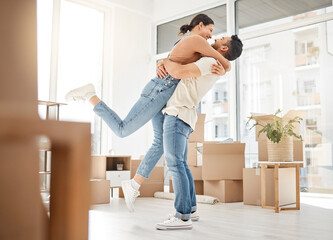 love, moving and hug with couple in new home for celebration, property and relocation. excited, happ