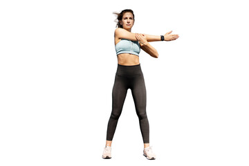 young woman training running on her feet exercises in fitness comfortable clothes. transparent backg